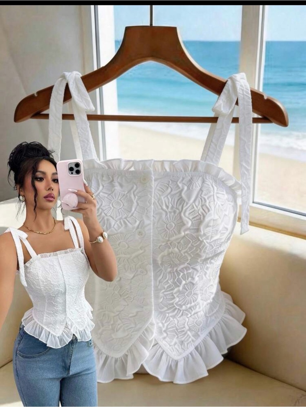 White Floral Embroidered Ruffle Tie-Shoulder Corset Top
